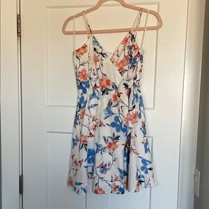 Miami Floral Wrap Mini Dress - White with Blue and Red Accents